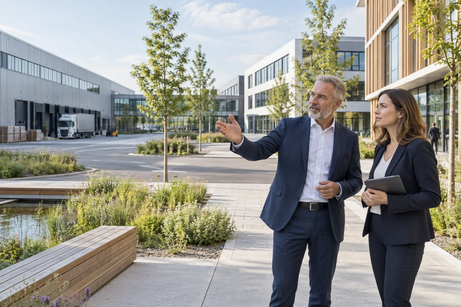 Eigentümer und Interessentin auf einem modernen Gewerbecampus